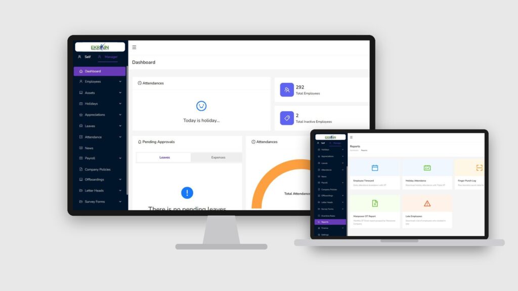 Miracle HRM dashboard and reports on desktop and laptop